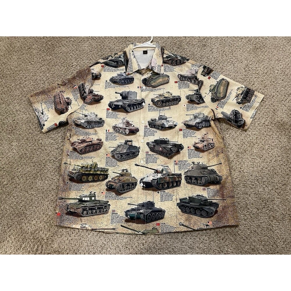 Shirt Button Down Men's XL Army Military Tank Print Hawaiian